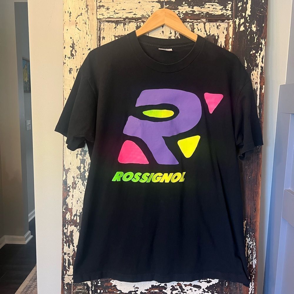 Rossignol vintage Black Tee with Vibrant Logo. Men’s XL.